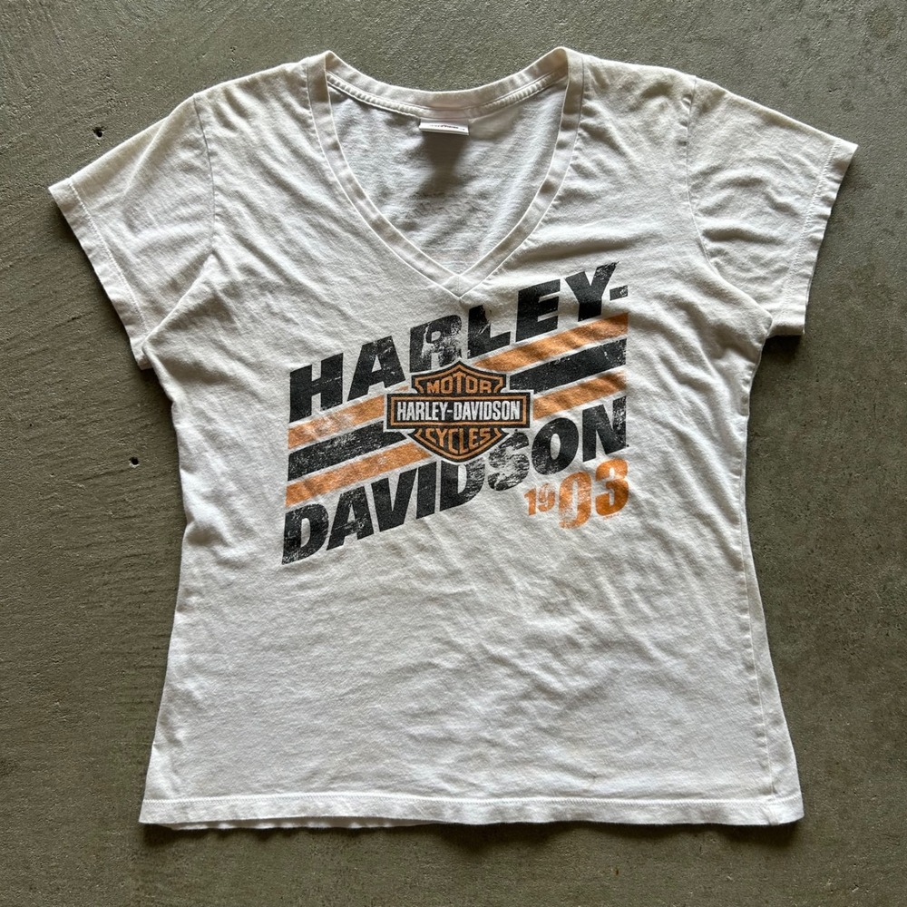 Vintage Harley Davidson Shirt Womens Medium White V Neck Dallas Texas Wings Bike